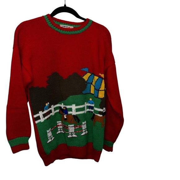 Vintage Sweaters - Vintage 100% cotton salsa sweater made in Peru horse jockey 3d large L red retro